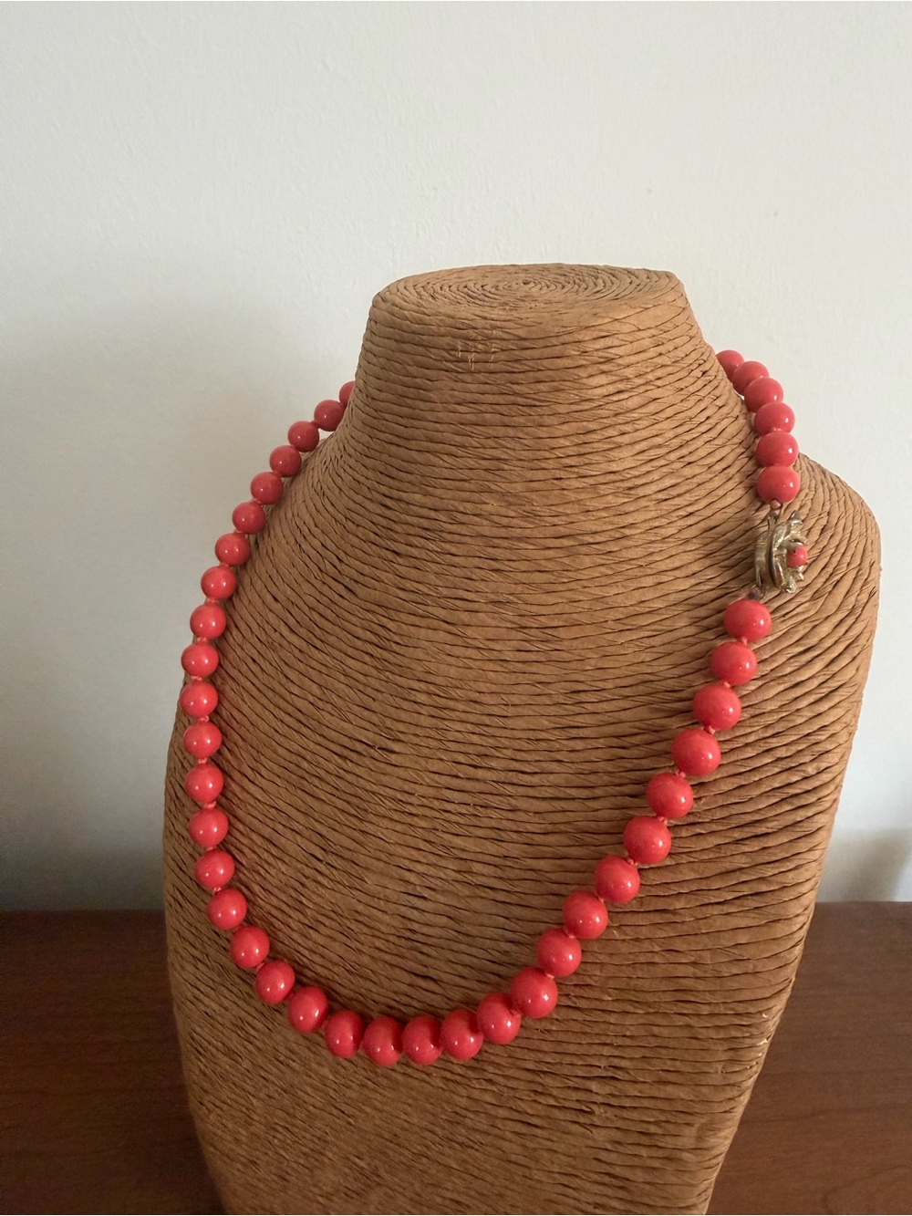 Vintage Coral Bead Necklace Goldtone Floral Clasp 1950s 1960s